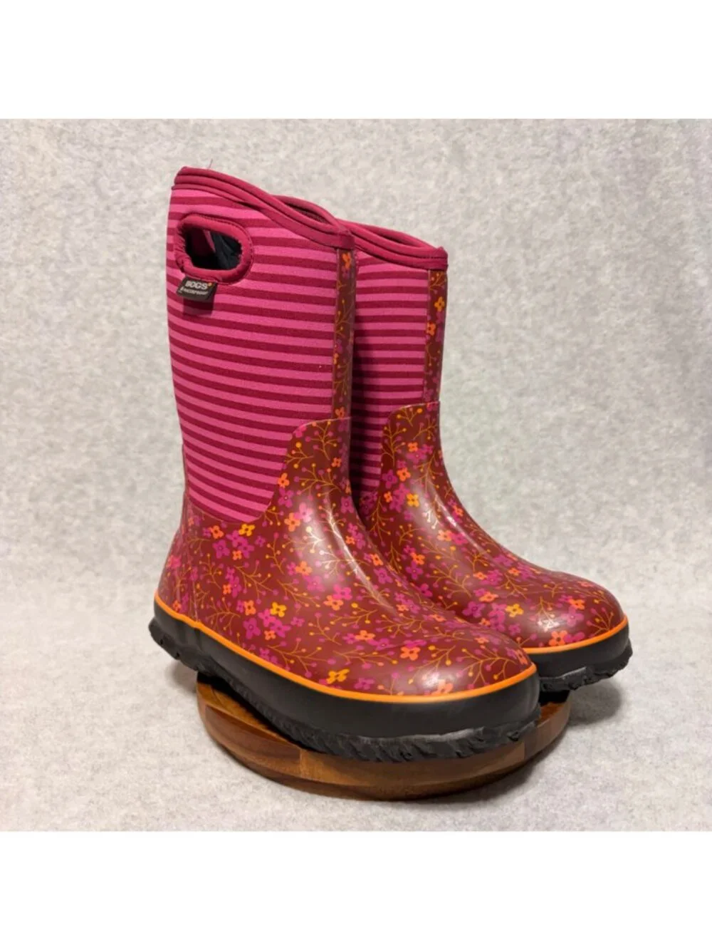 Bogs Boots Kids Sz 5 Classic Pink Flower Stripe Waterproof Winter Snow -30°F